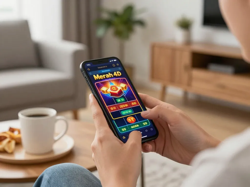 Pemain menggunakan aplikasi mobile merah4d untuk memasang taruhan di ruang tamu yang nyaman