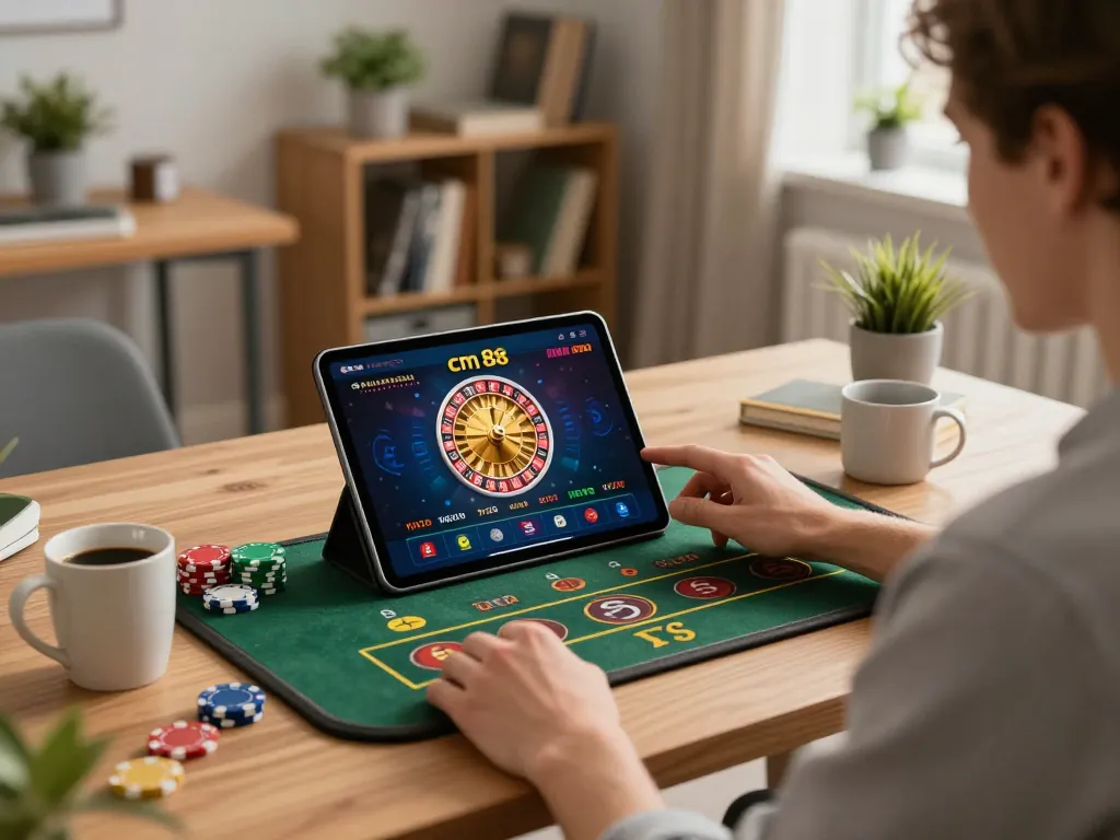 Person placing a bet using the cm 88 casino app on a stylish tablet in a cozy home office.