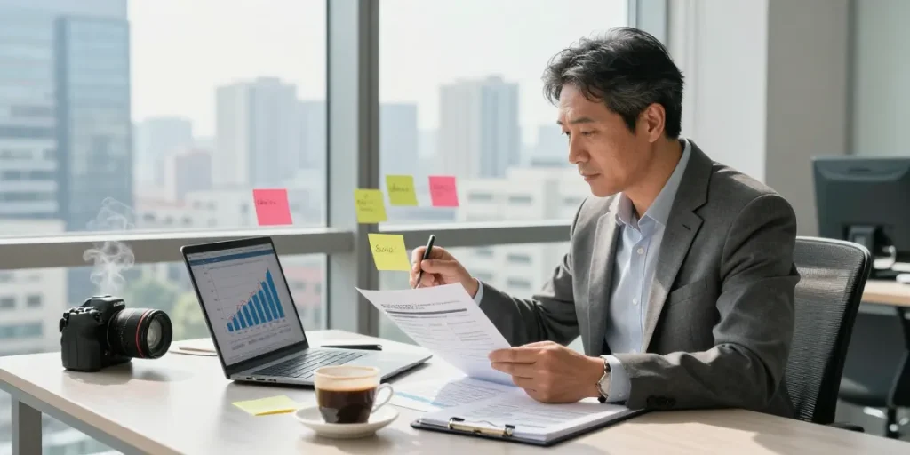 Focused entrepreneur strategizing how to sell a small business in a modern office environment.
