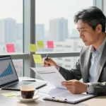 Focused entrepreneur strategizing how to sell a small business in a modern office environment.